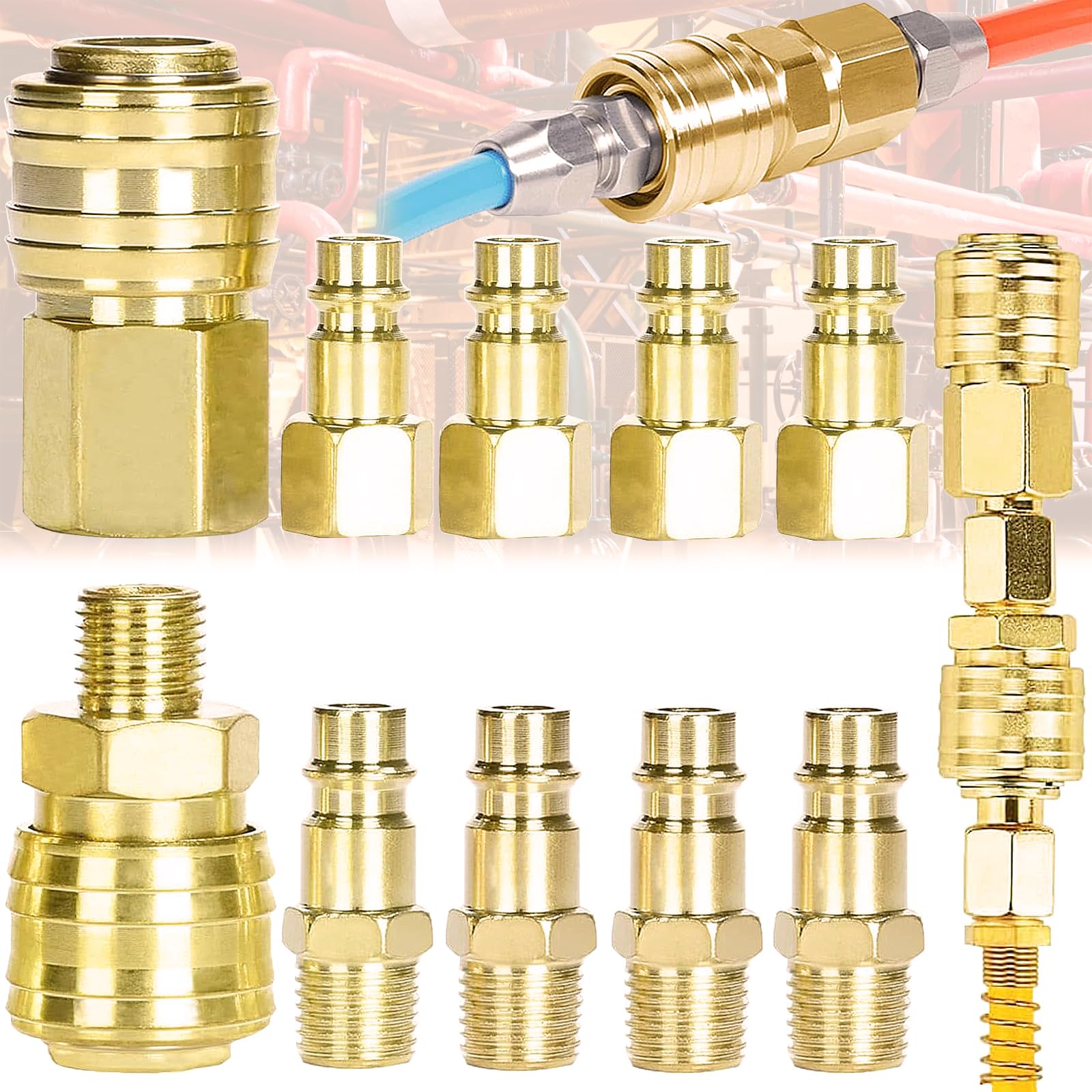 Begpoee 10 Pieces Air Line Couplings, Air Coupler and Plug Set, 1/4 Euro/Bsp Airline Fittings, Thread Coupler Tools Set, Couplings Connector Male Female, Euro Airline Hose Compressor Fittings(Gold)