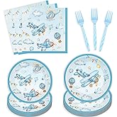 96Pcs Airplane Birthday Party Decorations, Airplane Party Plate & Napkin, Disposable Tableware for 24 Guests, Time Flies Dinnerware for Boys, Kids, Baby Showers