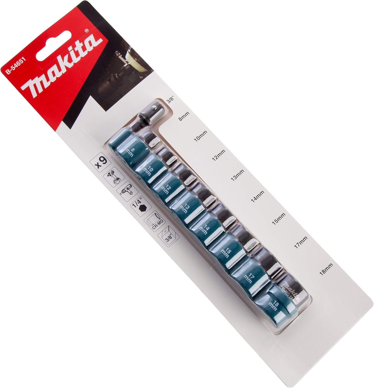 Makita B-54651 9 Piece Cr-Mo 3/8" Square Drive Impact Socket Set, Multicolour, 3/8 "