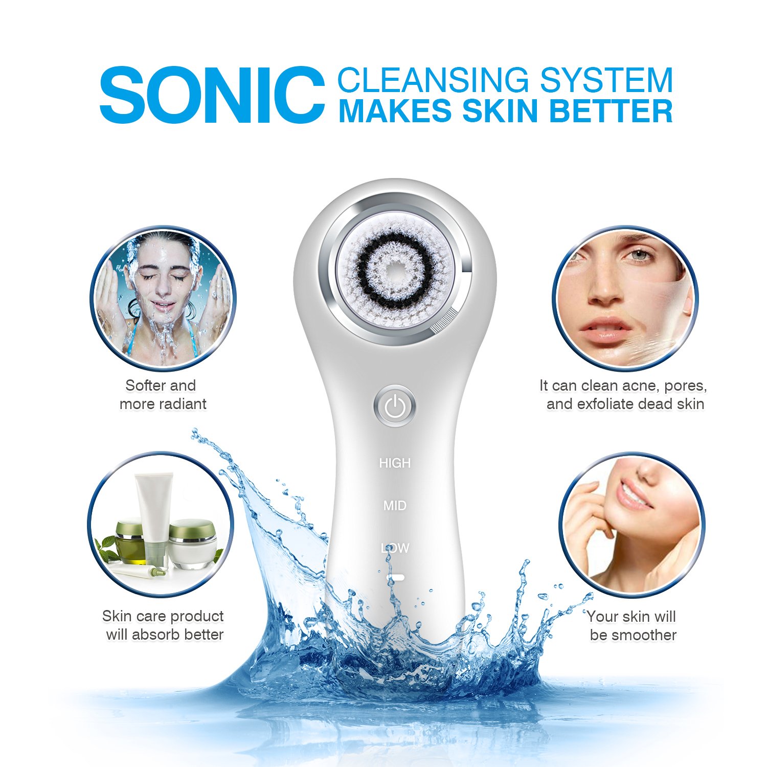 Hangsun Facial Cleansing Brush Sonic Vibrating Face Brush Skin Care for Cleaning Exfoliating and Massaging with Wireless Charging, IPX7 Waterproof, 3 Speed Settings: Beauty