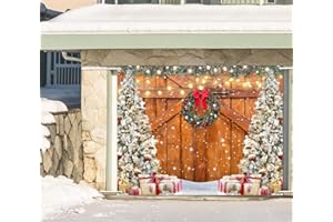 Whaline Rustic Christmas Garage Door Cover 7 x 9 Ft Wood Texture Board Door Cover Large Yard Sign for Xmas Indoor Outdoor House Wall Party Decor