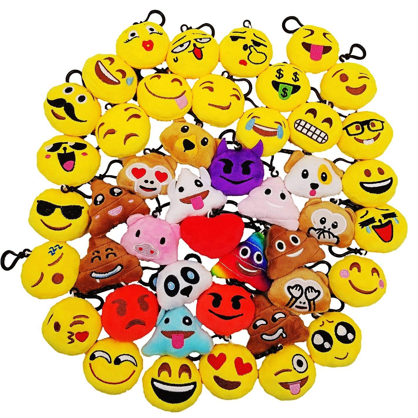 JZK 45 pcs Mini plush emoticon keychain keyring 5cm / 2 inch yellow small smiley face backpack key chain for kids adult birthday party favours keepsake giveaways gift, party bag fillers