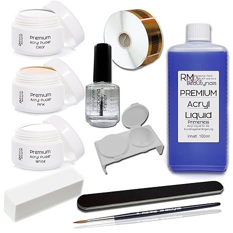 Acryl Set 1 Nagelset Starterset 100ml Liquid Acrylpuder Klar - Weiß - Pink Primer Feile Buffer