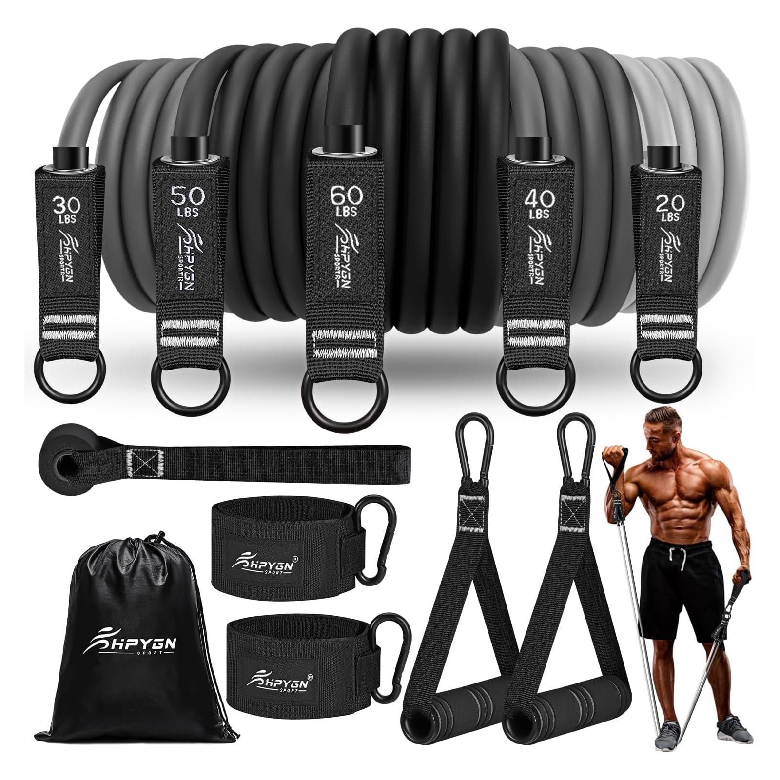 HPYGN Resistance Bands Set, 5 Levels, 200 lbs, for Men, Indoor Home Gym and Outdoor Use