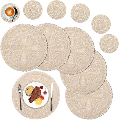 SHACOS Round Placemats Set of 6 38 cm with 6 Coasters 10 cm Cotton Blend