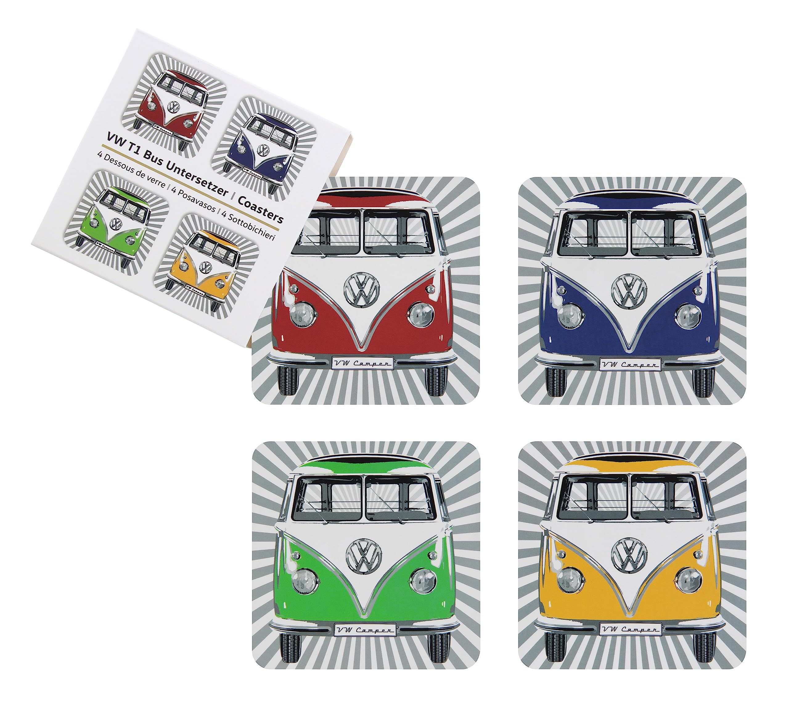 BRISA VW Collection - Volkswagen Drink Glass Cork Coasters with MDF Coating and T1 Bus Campervan Design (4-Piece Set/Samba Stripes/Multicolor)