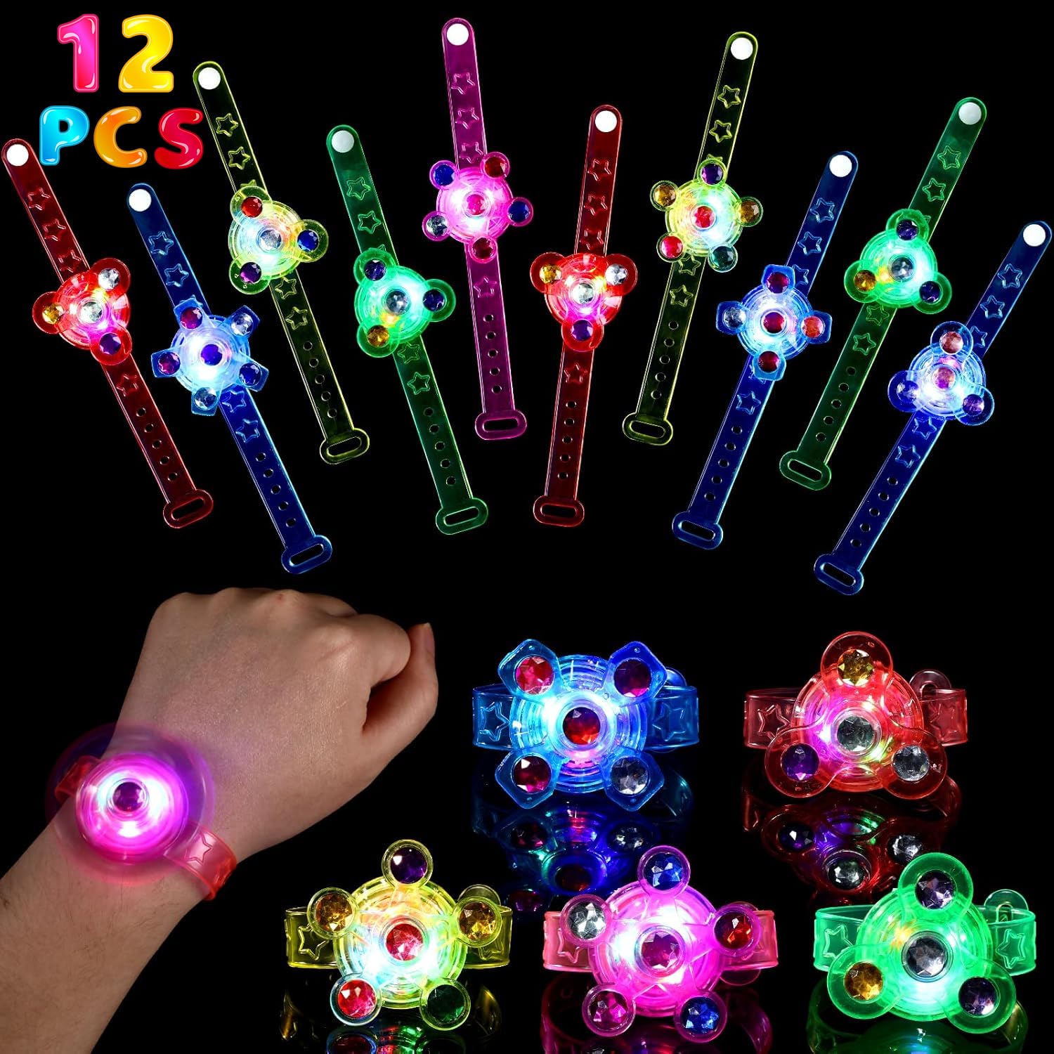 SCIONE 12 Pack LED Light Up Bracelets for Kids Glow Bracelets with Three Flashing Modes Party Bag Fillers for Kids Birthday Gifts Classroom Prizes