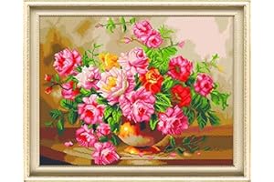 Dimensean Stamped Cross Stitch Kits Full Range of Embroidery Patterns Starter Kits for Beginners Adult or Kids DIY Cross Stitches Needlepoint Kits 11CT-Peony Flower 15.7x19.7 inch