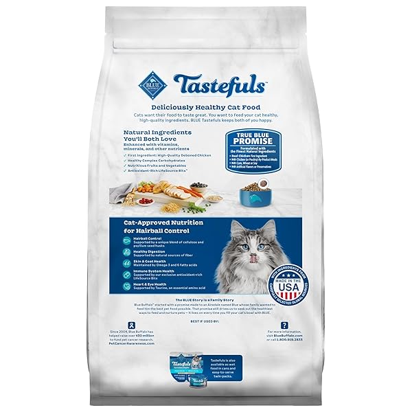BLUE BUFFALO TASTEFULS NATURAL DRY FOOD FOR ADULT CATS, HAIRBALL CONTROL, CHICKEN & BROWN RICE RECIPE, 7-LB. BAG