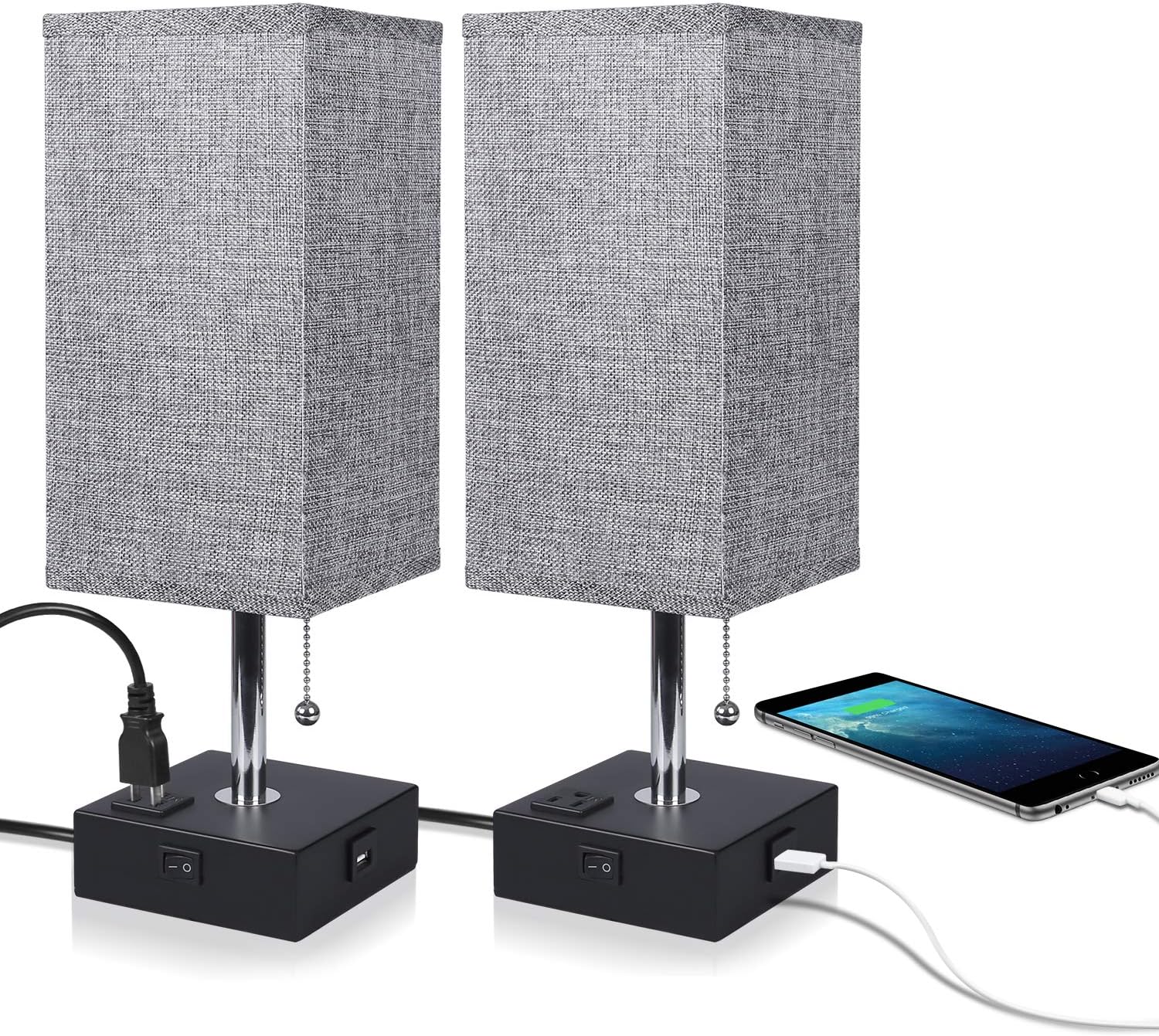 USB Bedside Table Lamp Set, Ambimall Bedroom Lamps for Nightstand with USB Charging Port and Power Outlet, Grey Fabric Shade Desk Lamp for Bedroom, Living Room,Office,Guest Room(Set of 2)