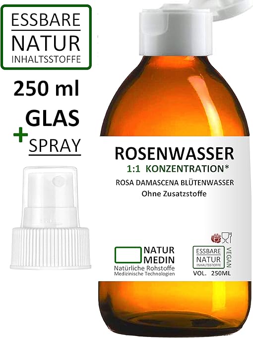 ROSENWASSER 250-ml SPRAY GLAS Gesichtswasser, 100% naturrein, 1:1 Konzentration, Rosa damascena Blüttenwasser, ohne Zusatzsto