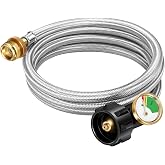 6FT Propane Hose Adapter with Gauge, 1lb to 20lb Stainless Braided | Fits QCC1/Type1 propane tanks for heaters, grills and camping stoves. Durable, leak-resistant and easy to install
