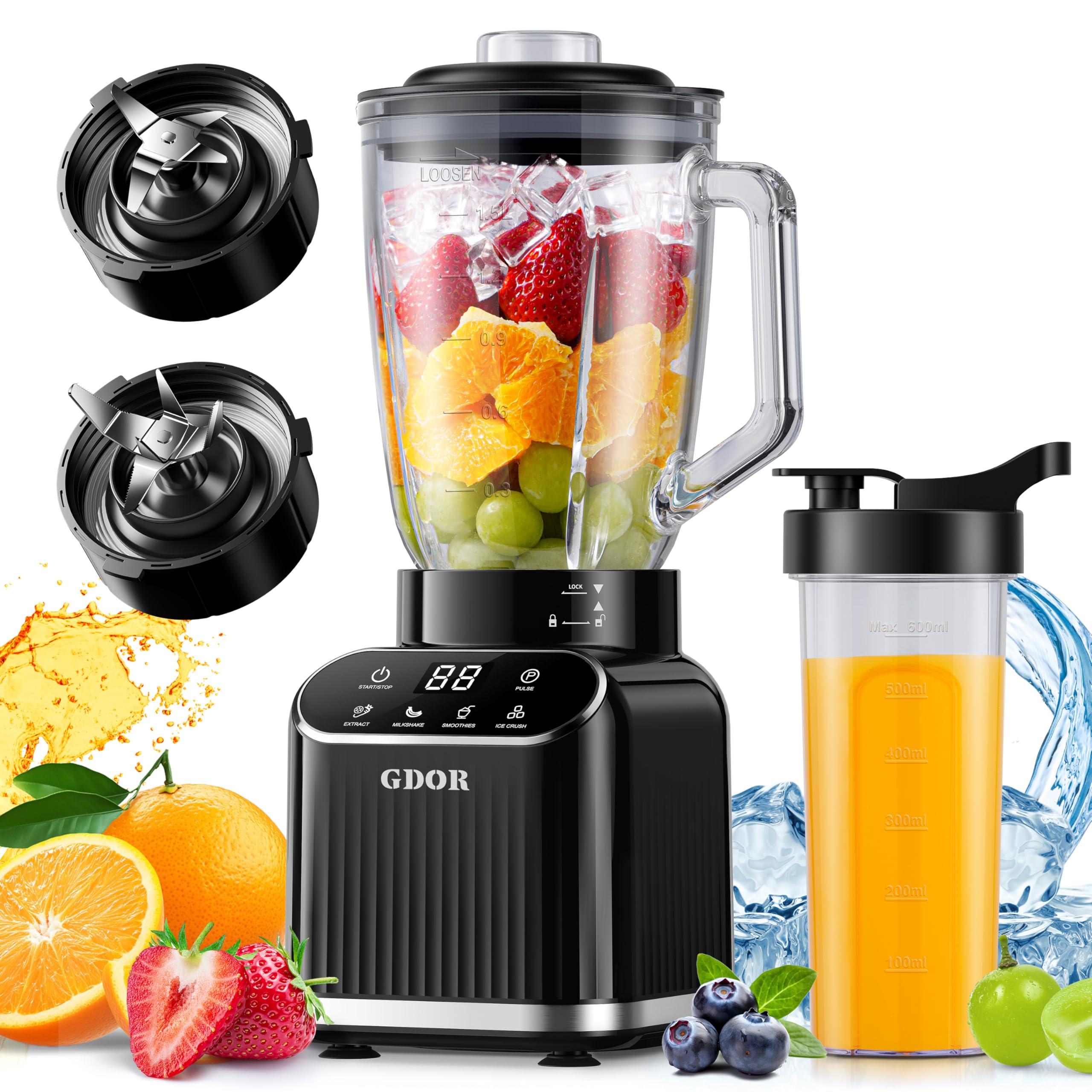 Photo 1 of ***PARTS ONLY*** GDOR Professional Blender for Smoothies, 5 Functions, 1200 Peak Watts Smoothie Blender, 52 Oz Glass Jar & 24 Oz To-Go Cup Combo, Ice Crushing & Frozen Fruit, Self-Cleaning, Black