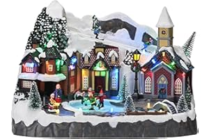 Valery Madelyn Christmas Village Sledding Down Hill, Pre-Lit Lighted Christmas House Large Snow Skating Pond Dynamic Scenes Cottage Decoration Gift for Table Top Decoration 13.3 Inch