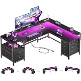 Furologee 66'' L Shaped Gaming Desk with 6 Drawers, LED, Outlets, Black | Reversible Large Corner Computer Desk with Printer Storage Shelves, LED Lights, Monitor Stand for Home Office, Working Study