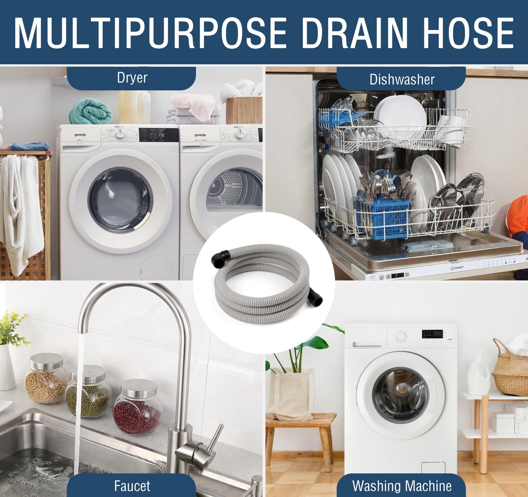 Dishwasher Drain Hose, 1Plusselect 8FT Universal Replacement Discharge Dishwasher Extension Fit 5/8 Inch, 7/8 Inch or 1 Inch OD Drain Outlet 90 Degree Rubber Elbow for Dishwasher & Other Applications