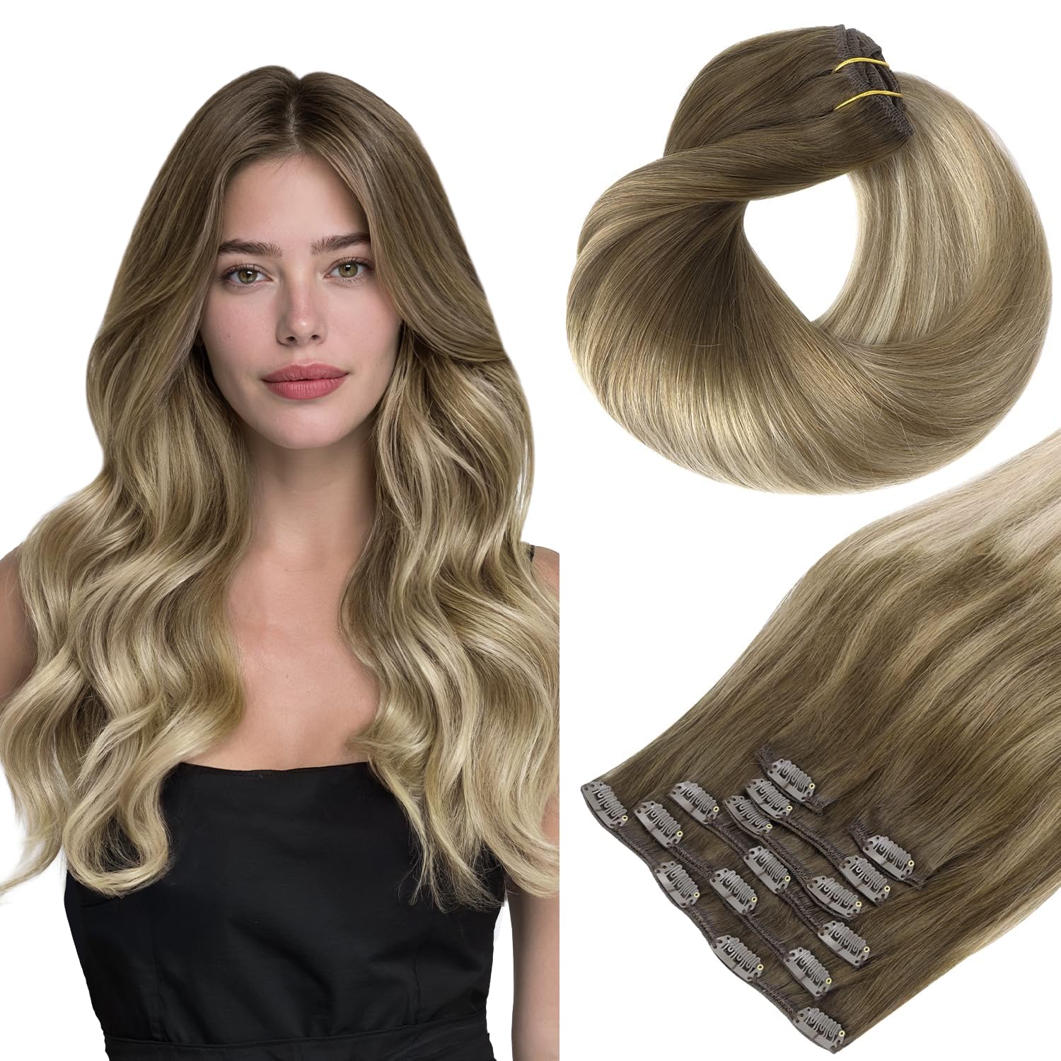 Clip in Hair Extensions, hotbanana Walnut Brown to Ash Brown and Bleach Blonde Clip in Hair Extensions Real Human Hair Straight Remy Hair Clip in Hair Extensions 22 inch 120g 7pcs — image 1
