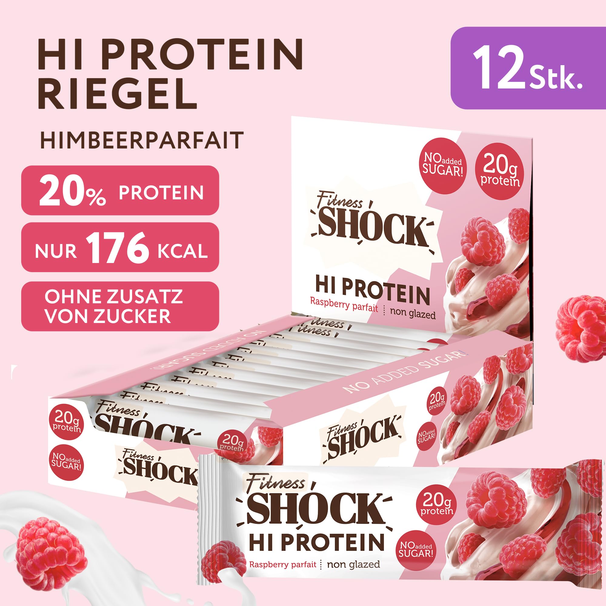 FitnesSHOCK High Proteinriegel Set mit hohem 20g Proteingehalt Eiweißriegel ohne Zuckerzusatz kalorienarm low carb ballaststoffreich Himbeere-Parfait Geschmack 12Stk 60g 8