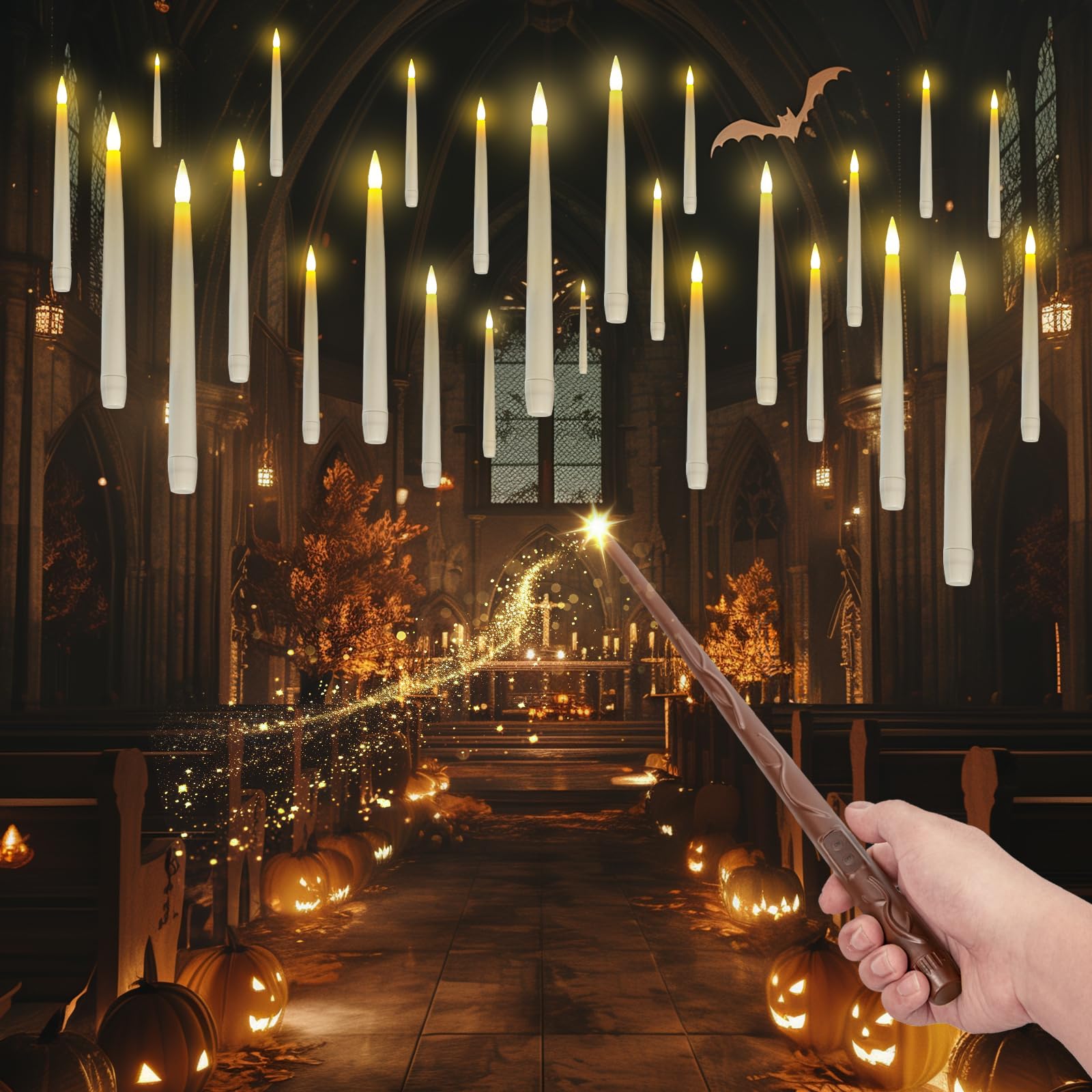 Photo 1 of Homemory 20PCS Floating Candles with Wand Remote, Magic Hanging Candle with String, Flickering Warm Light Floating Candles for Halloween Christmas Birthday Party Decor