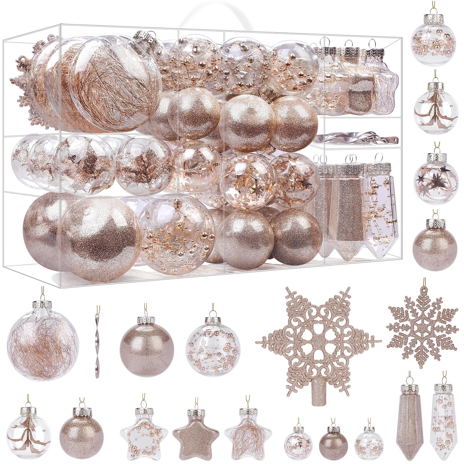 Photo 1 of SHareconn 86PCS Christmas Tree Ornaments Clear Set,Shatterproof and Clear Plastic Baubles for Xmas Tree Decor, Holiday Wedding Party Decoration,Champagne