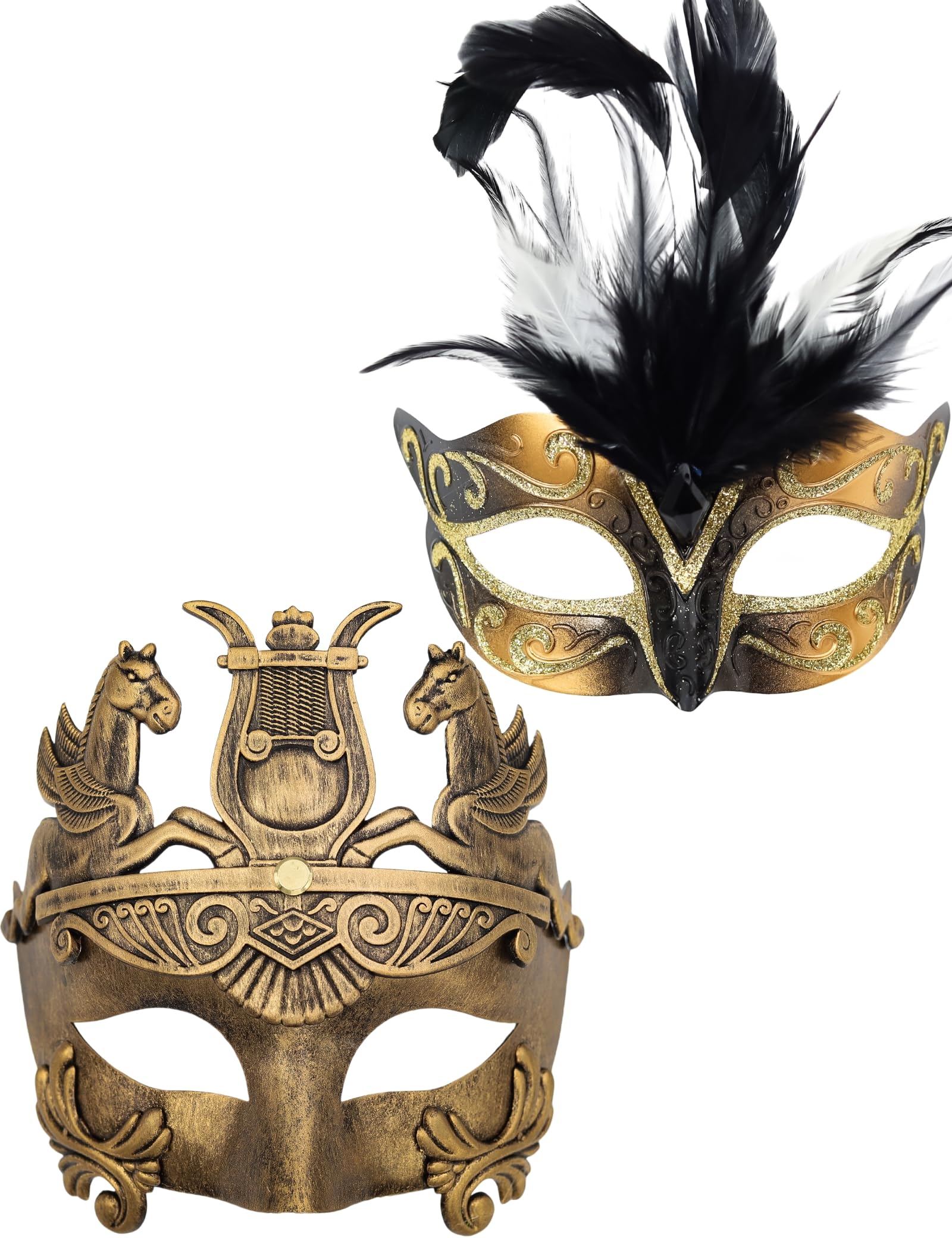 Ubauta Gold Feather Women Mask & Greek Warrior Men Mask Venetian Masquerade Couple Masks, For Mardi Gras/Party/Ball Prom