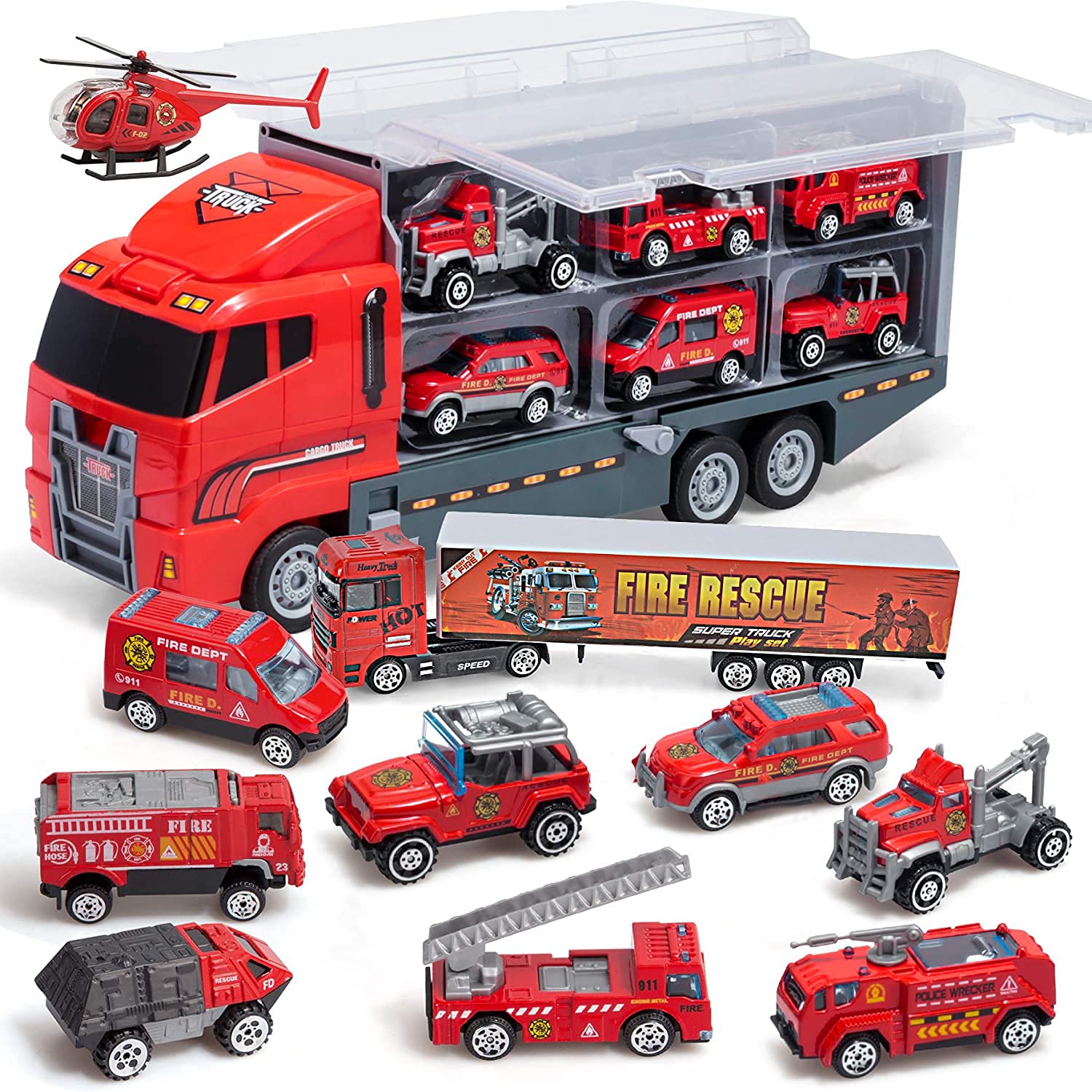 Coolplay Fire Truck Toy Set Mini Die-cast Car Set Rescue Emergency Vehicles Fire Engine Vehicle 10 in 1 Big Carrier Truck for Kids Boys and Girls