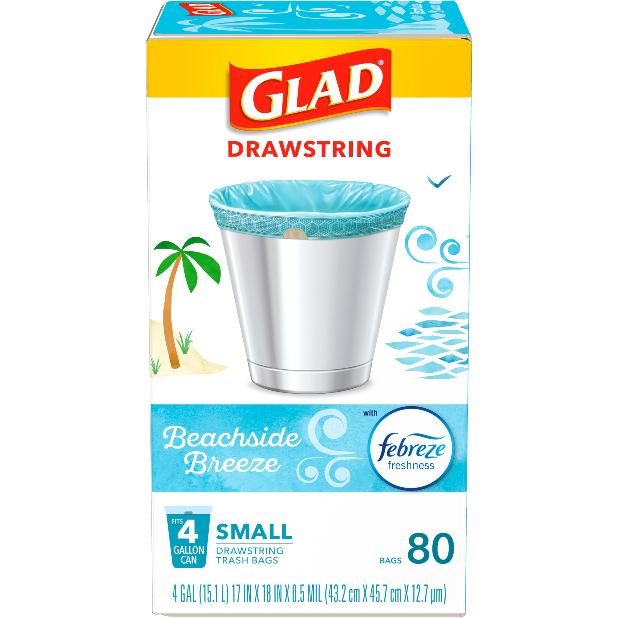 Glad OdorShield Small Drawstring Trash Bags, Febreze Beachside Breeze, 4 Gal, 80 Ct