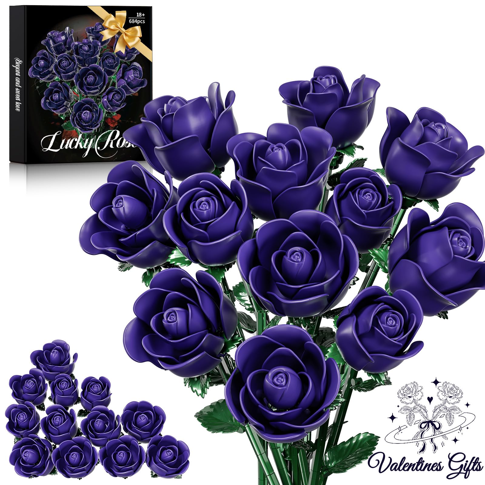 XGSHJ Purple Rose Bouquet Building Set for Girls & Boys - 12 Pack Botanical Collection Gift for Easter Basket Artificial Flowers Botanical Collection Centerpiece Retro Decor