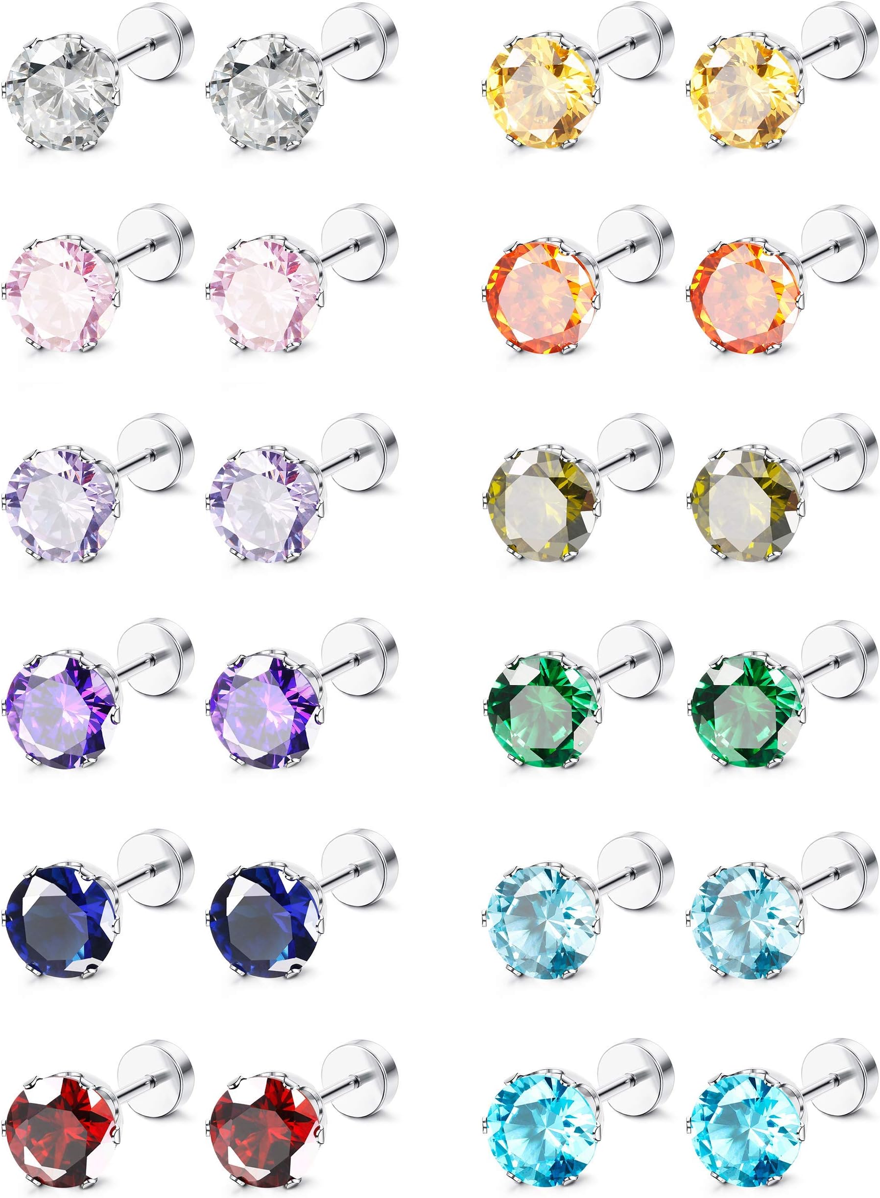 12 Pairs CZ Stud Earrings for Girls Women Stainless Steel Cubic Zirconia Screw Flat Back Earrings Set