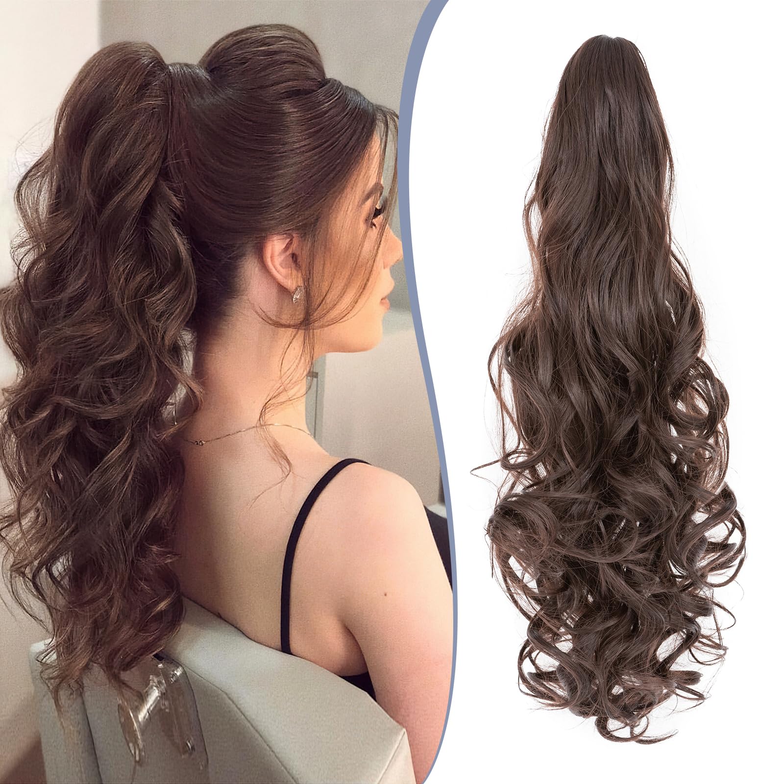 TESS 24'' Curly Ponytail Extensions, 210g Claw in Long Ponytail, Hair Pieces for Women, Light Brown — image 1