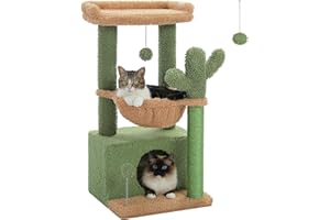 PEQULTI 4-in-1 Cactus Cat Tree, 33'' Cat Tower for Indoor Cats with Large Condo, Cat Scratching Post for Cats with Deep Hammock& Cozy Top Perch,Green