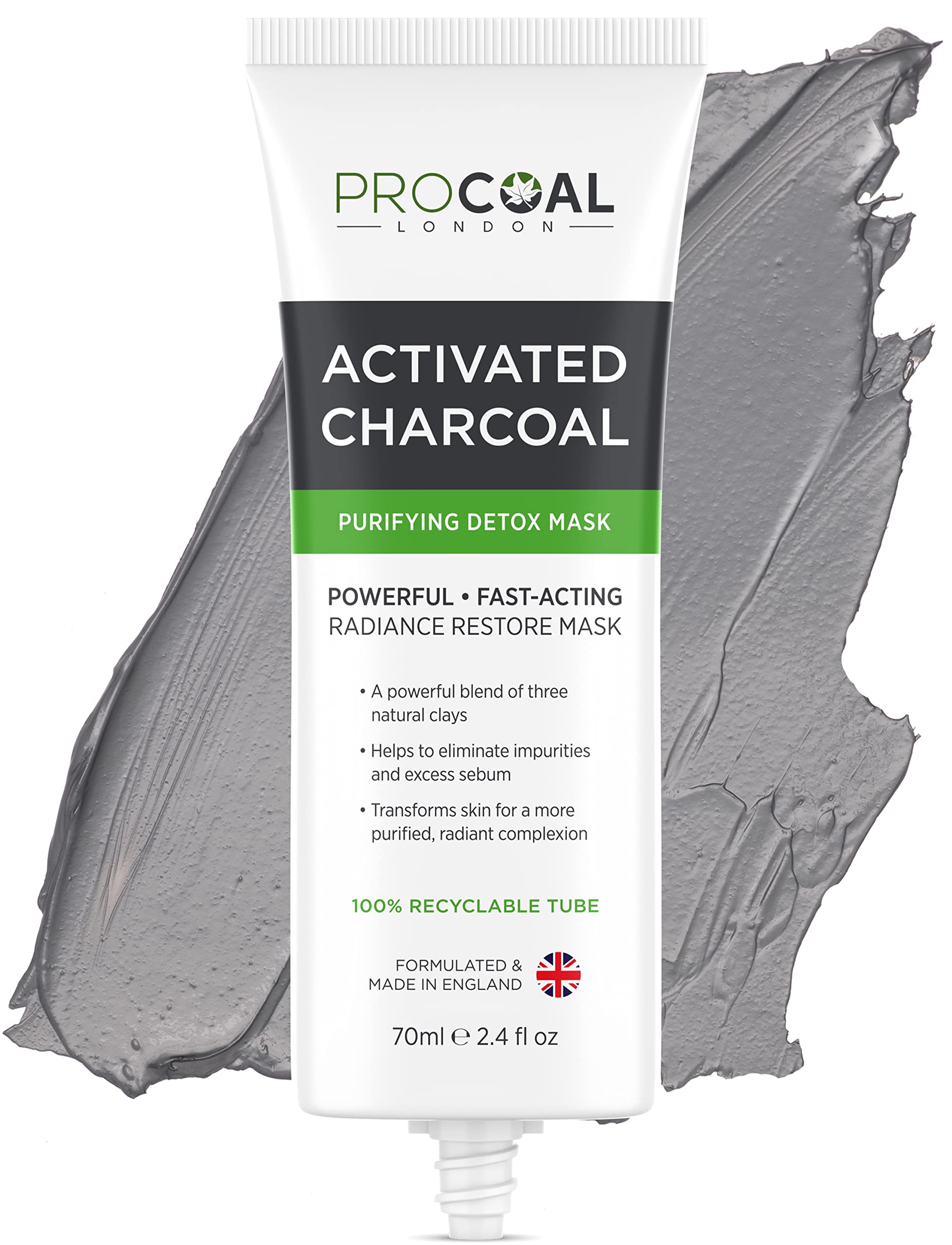 Charcoal Face Masks Skincare for Men and Women 70ml by Procoal - Clay Mask Targets Clogged Pores, Impurities, Toxins & Excess Oil, 100% Recyclable Packaging, Cruelty-Free - Made in UK