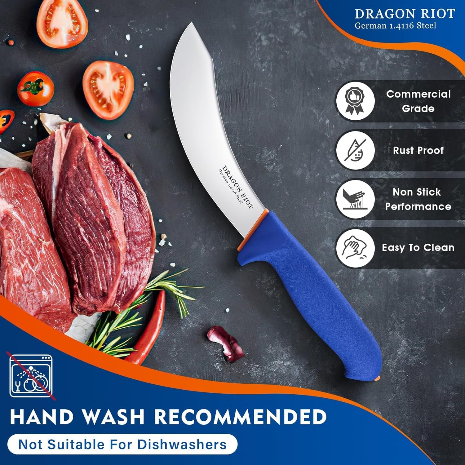 DRAGON RIOT Fleischmesser Set extrem Scharf, Kochmesser Set Enthält ein Ausbeinmesser Profi, ein blaue fleischmesser, ein Metzgermesser und einen Wetzstahl, Messerset für Fleisch und BBQ 7