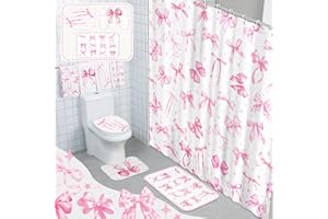 FuWeave 8 Pcs Pink Bow Shower Curtain Sets for Bathroom Decor Cute Coquette Bathroom Accessories Bow Knot Aesthetic Girly Shower Curtain Sets with Towels Carpet Bath Mat Toilet Rugs and 12 Hooks