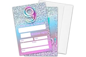 HEZNZXQ 9th Birthday Party Invitations for Girls or Boys, Silver Glitter Theme Birthday Parties Supplies Decorations, Rainbow Balloons Fill-in Invites(20 Invitations and Envelopes)-D05