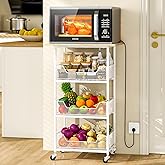 ThreeHio Kitchen Microwave Cart with Fruit Baskets, 4 Tier Microwave Table Stand with Storage, Kitchen Storge Shelf on Wheels Small Rolling Cart Organizer Rack for Pantry, Living Room, Bathroom