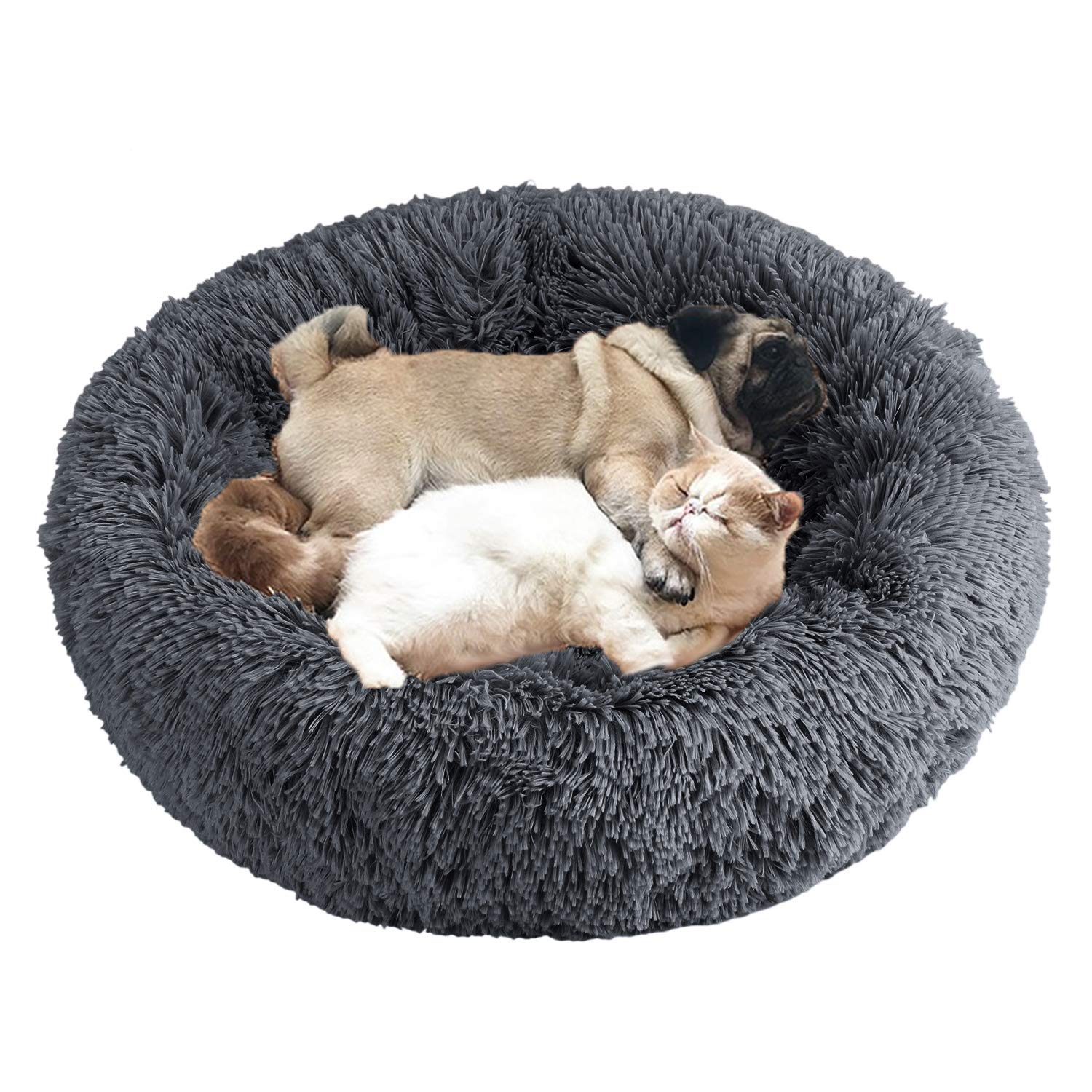 Fluffy Plush Cat and Dog Bed - Donut Shaped Marshmallow with Washable Cover - Medium Size for Small and Medium Dogs, Excellent Support for Cats and Puppies - Calming Round Nest Sofa