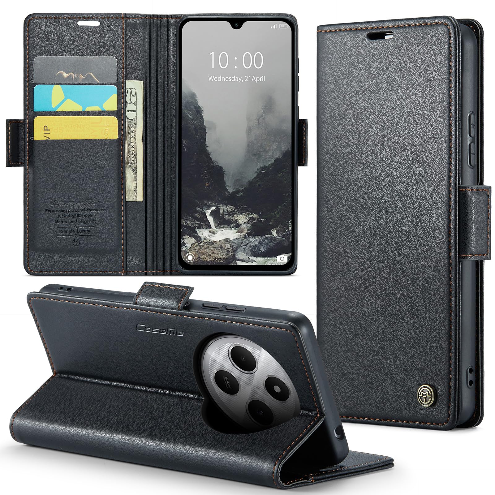 Phernykas Cover for Xiaomi Redmi 14C Wallet Case with Card Holder, Kickstand RFID Blocking Magnetic Closure Shockproof Protective PU Leather for Redmi 14C Flip Case Wallet - Black