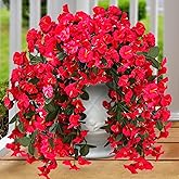 Sggvecsy Artificial Fake Hanging Flowers Plants for Outdoor Outside Spring Summer Decoration 4PCS Faux Silk UV Resistant Realistic Morning Glory Trailing Vines for Home Porch Patio Balcony(Rose red)