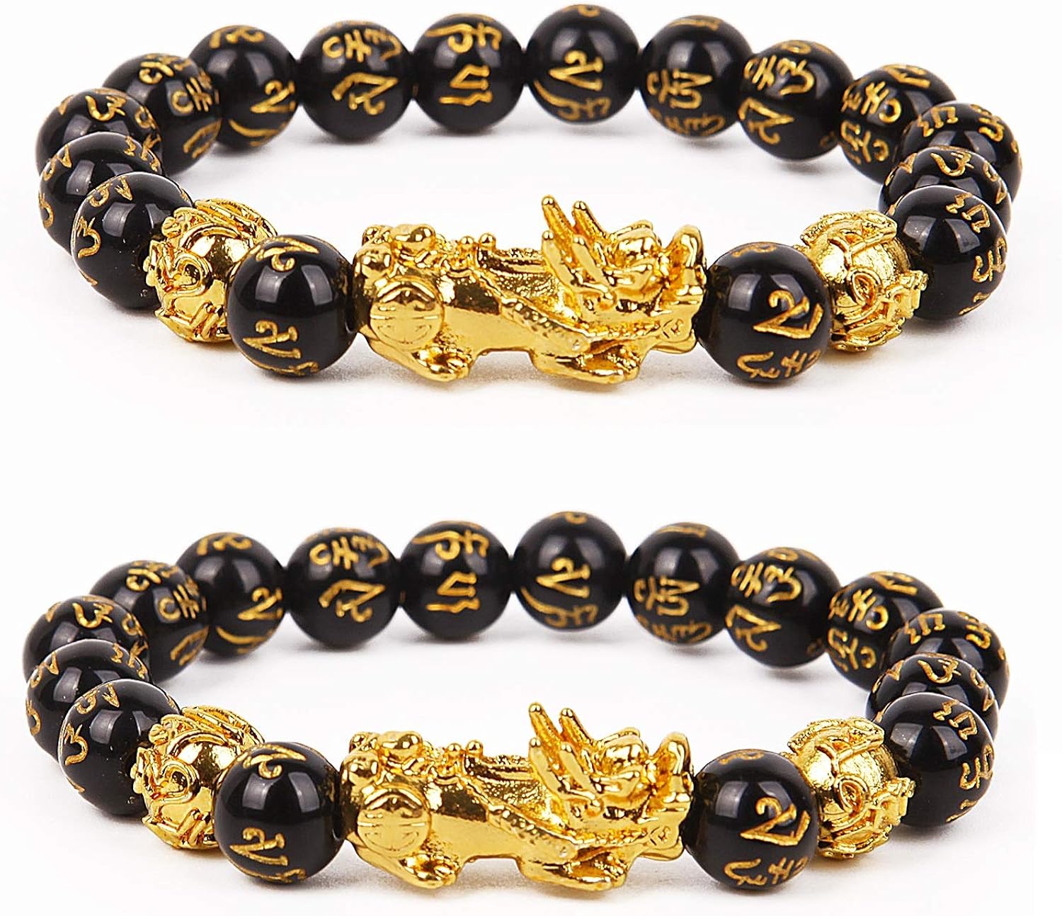 Goldenlight 2 Pcs Pi Xiu Bracelet Feng Shui Black Obsidian Wealth Bracelet for Women Men Adjustable Elastic: Clothing