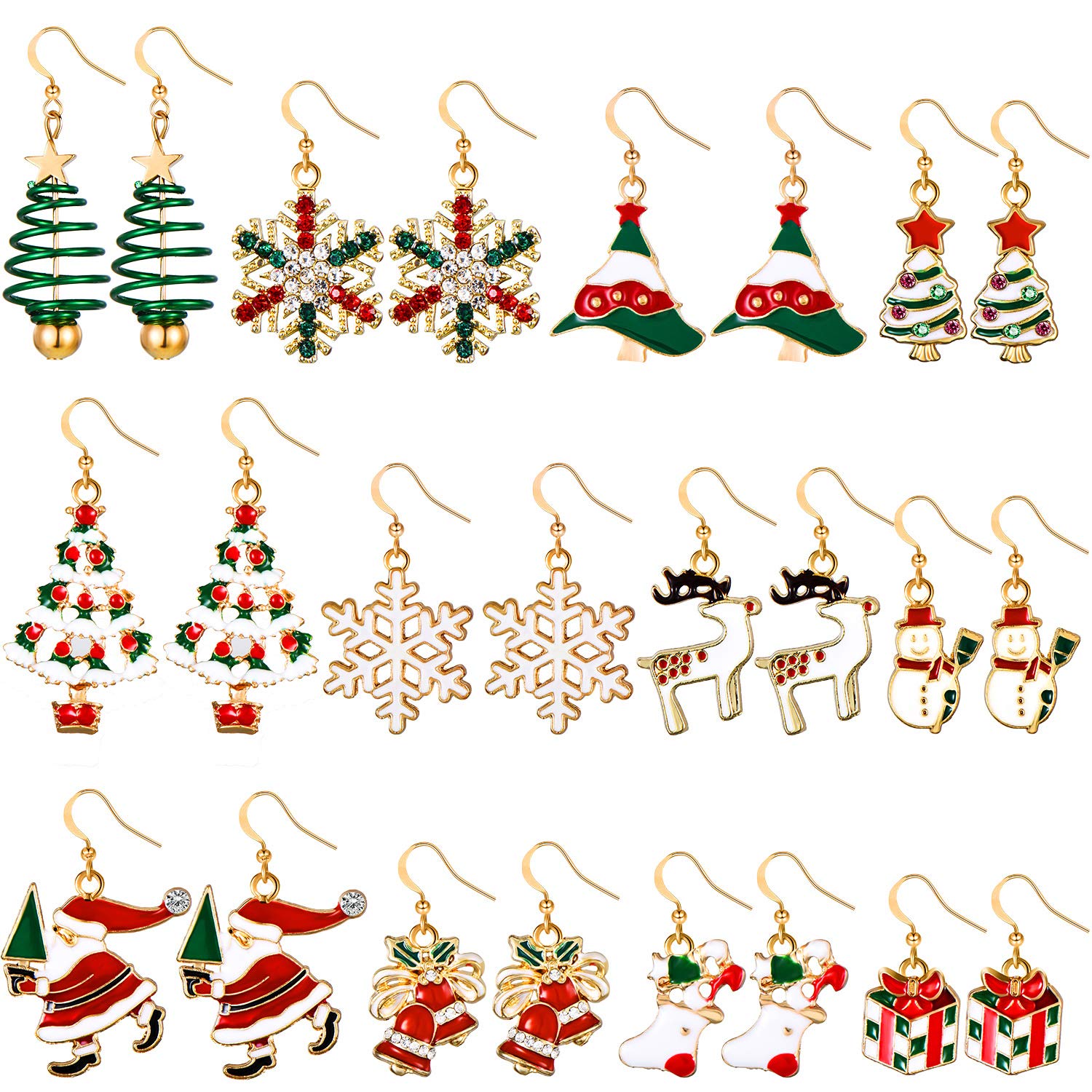 12 Pairs Christmas Drop Earrings Set Dangle Jewelry Bulk for Women Novelty Xmas Holiday Accessories for Mum Wife Friends