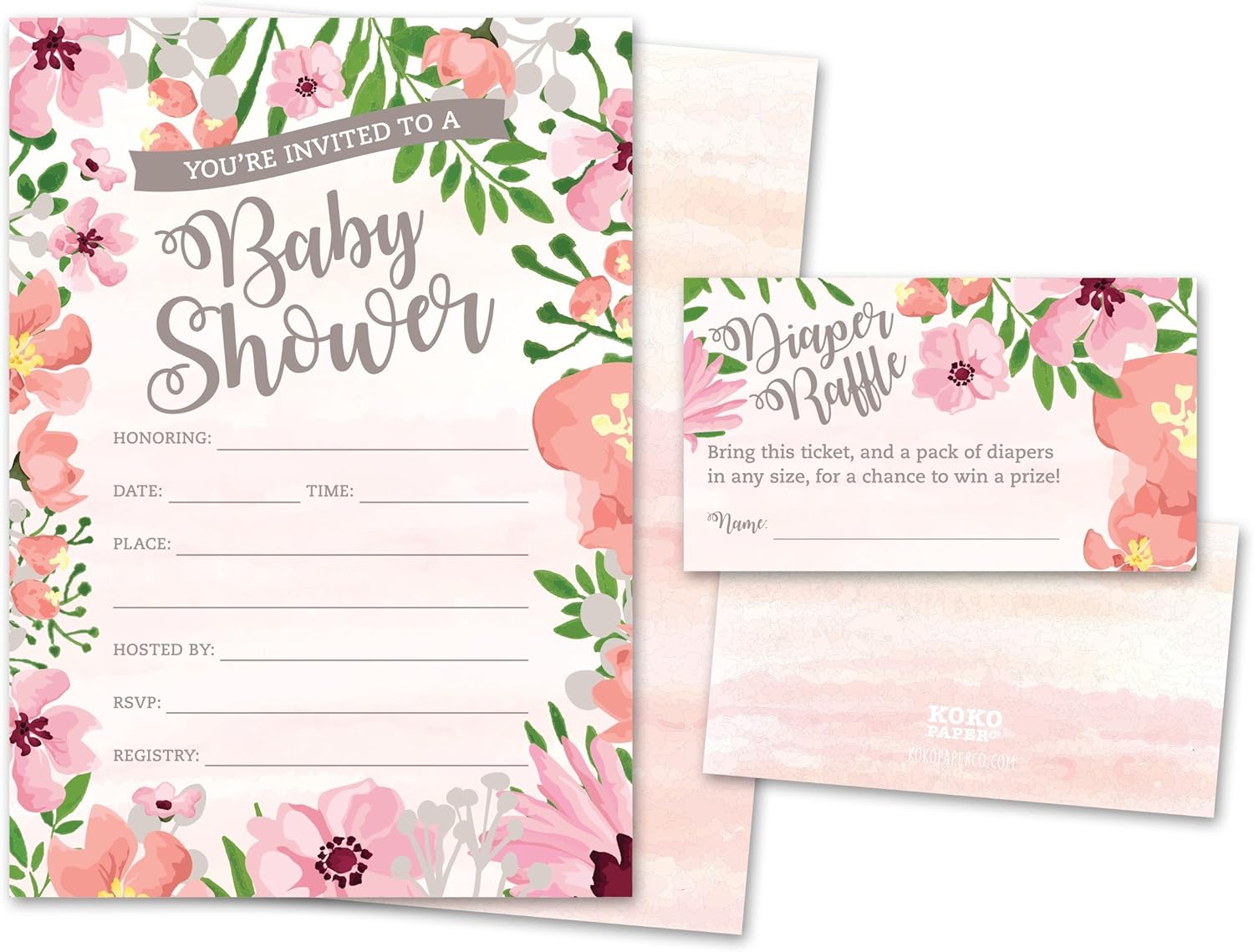 Baby Shower Invitations and Diaper Raffle Tickets. Set of 25 Pink Floral Fill In The Blank Style Cards, Envelopes, and Raffle Tickets.