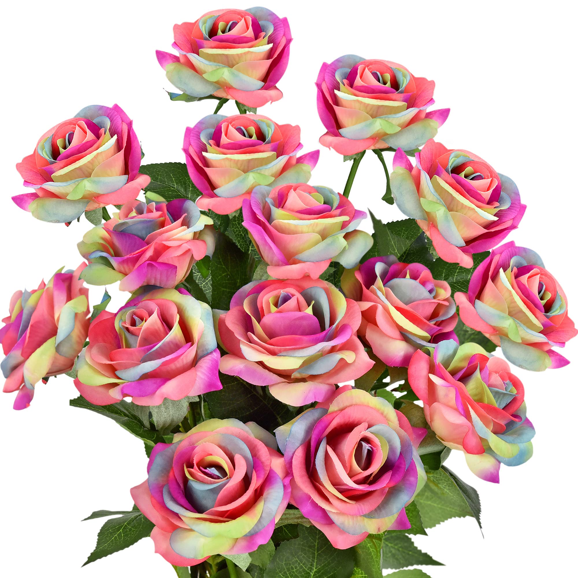 FiveSeasonStuff Real Touch Roses Artificial Flower 15 Stems Silk Roses ‘Petals Feel and Look like Fresh Roses' Bouquet of Flowers Floral Arrangements (#17 Rainbow)