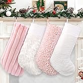 Teeanzo 4 Pcs Christmas Plush Stockings 18 Inch Large Pink and White Faux Fur Xmas Stocking with 4 Styles Textured Patterns Holiday Classic Hanging Ornaments Socks for Xmas Home Party Fireplace Decor