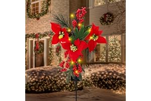 BIGGUN Christmas Cemetery Decorations for Grave - IP65 Waterproof Solar Lights Cross Stake with Faux Poinsettia Flowers Pine Foliage, Garden Lawn Yard Pathways Xmas Outdoor Decor (Metal Frame, 1 Pack)