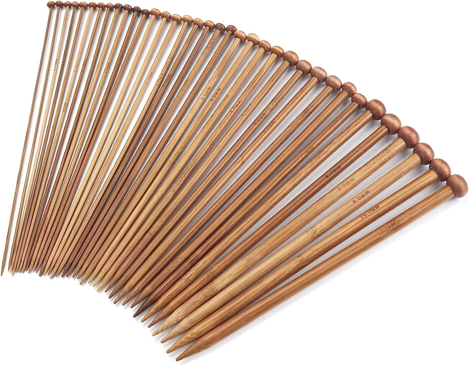 FACATH Bamboo Knitting Needles Set for Beginners Adults 9-Inch Single Point, 18 Pairs Straight Wooden UK Size 2-10 (2.0-10.0mm), Wood Sweaters, Socks, Gloves, Brown-25cm