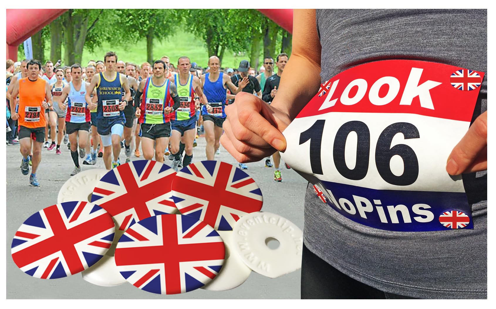 Race Bib Clips BRITISH Flag x 4. Proven Snap-Lock for Securing Running and Cycling Numbers. Made in the UK with Recycled Plastic EventClips Since 2009 Far better than Magnets. Fed up with Safety Pins?