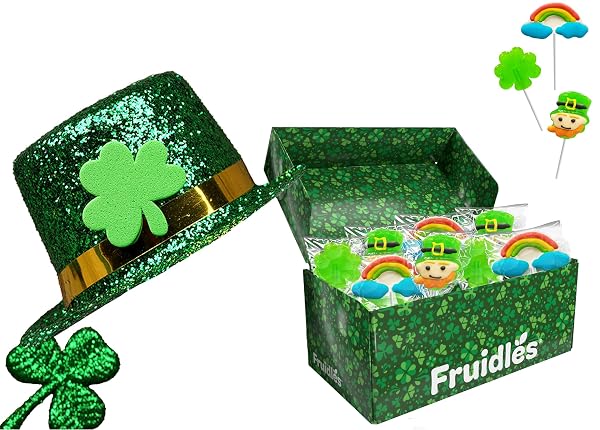 FRUIDLES ST. PATRICK’S DAY LOLLIPOPS, 24-PACK LEPRECHAUN, GREEN SHAMROCK, AND RAINBOW LOLLIPOP SUCKERS, PARTY FAVOR BOX, INDIVIDUALLY WRAPPED (24-PACK)