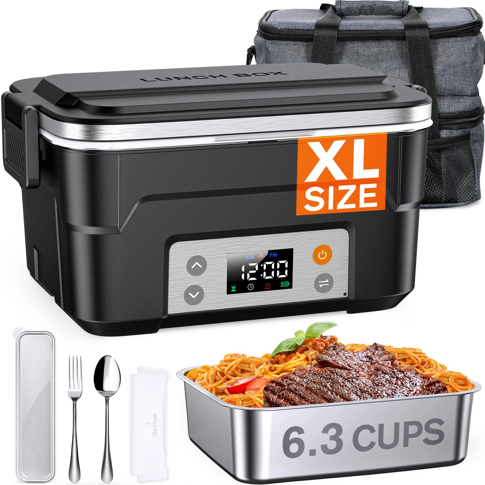 Photo 1 of EAST OAK XL 6.3-Cup Cordless Electric Lunch Box for Adults, Heated Lunch Box for Men with Scheduled Heating, Portable Car Food Warmer with Utensils, Two-Tier Bag, Removable Divider