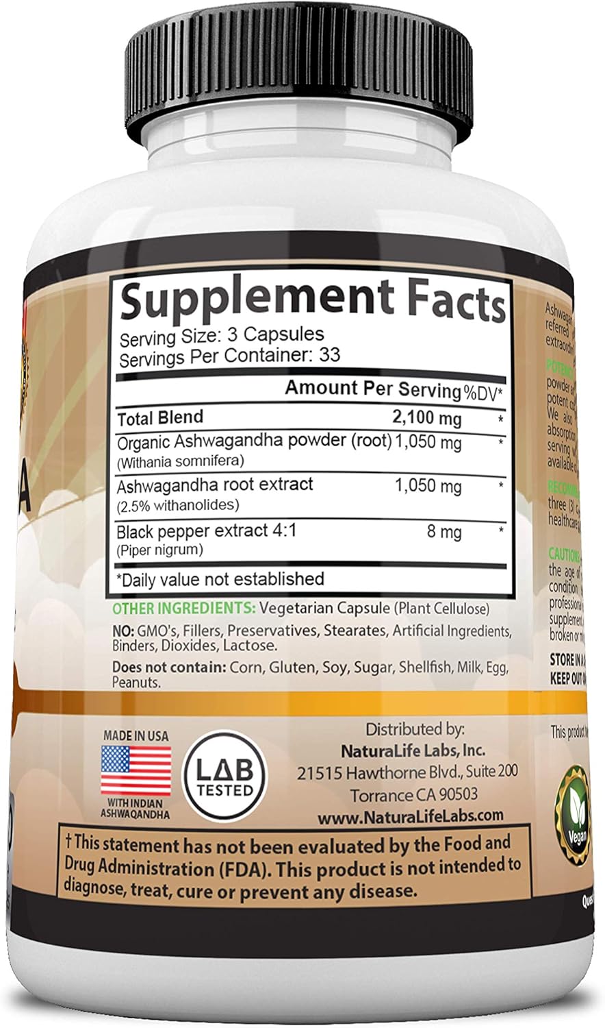 Organic Ashwagandha 2,100 mg - 100 Vegan Capsules Pure Organic Ashwagandha Powder and Root Extract - Natural Anxiety Relief, Mood Enhancer, Immune & Thyroid Support, Anti Anxiety: Health & Personal Care